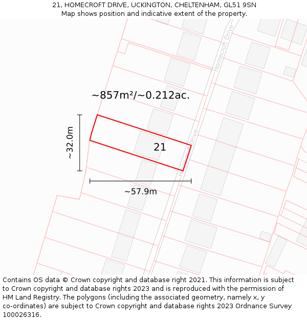 21, HOMECROFT DRIVE, UCKINGTON, CHELTENHAM, GL51 9SN: Plot and title map
