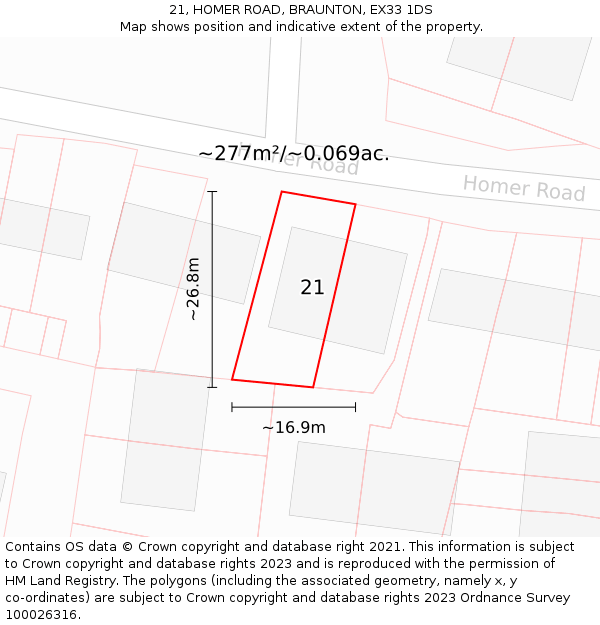 21, HOMER ROAD, BRAUNTON, EX33 1DS: Plot and title map