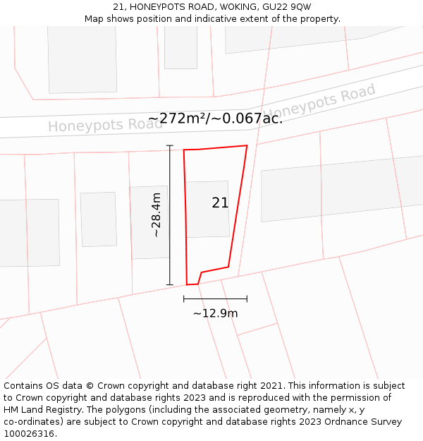 21, HONEYPOTS ROAD, WOKING, GU22 9QW: Plot and title map