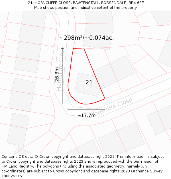 21, HORNCLIFFE CLOSE, RAWTENSTALL, ROSSENDALE, BB4 6EE: Plot and title map