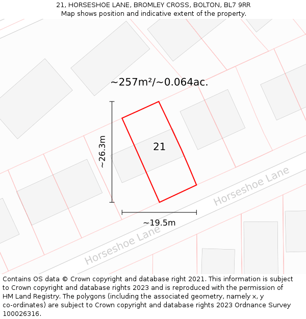 21, HORSESHOE LANE, BROMLEY CROSS, BOLTON, BL7 9RR: Plot and title map