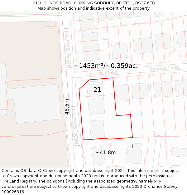 21, HOUNDS ROAD, CHIPPING SODBURY, BRISTOL, BS37 6EQ: Plot and title map