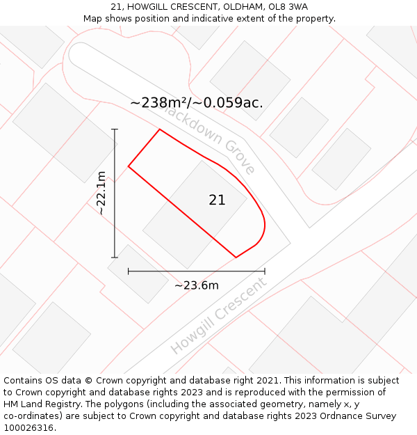 21, HOWGILL CRESCENT, OLDHAM, OL8 3WA: Plot and title map