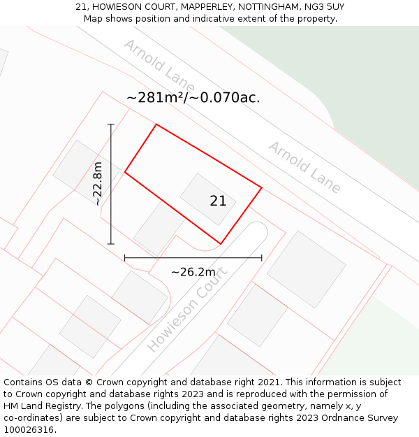 21, HOWIESON COURT, MAPPERLEY, NOTTINGHAM, NG3 5UY: Plot and title map