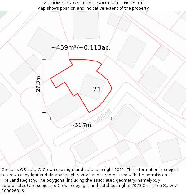 21, HUMBERSTONE ROAD, SOUTHWELL, NG25 0FE: Plot and title map