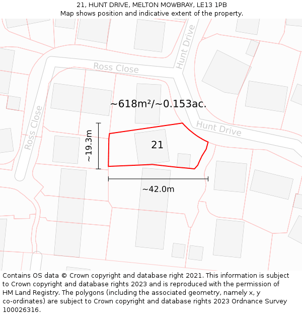 21, HUNT DRIVE, MELTON MOWBRAY, LE13 1PB: Plot and title map