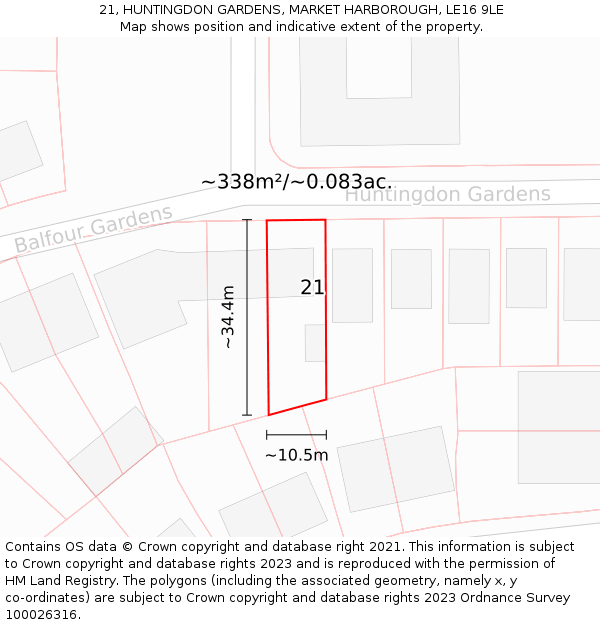 21, HUNTINGDON GARDENS, MARKET HARBOROUGH, LE16 9LE: Plot and title map
