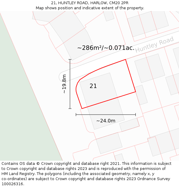 21, HUNTLEY ROAD, HARLOW, CM20 2PR: Plot and title map