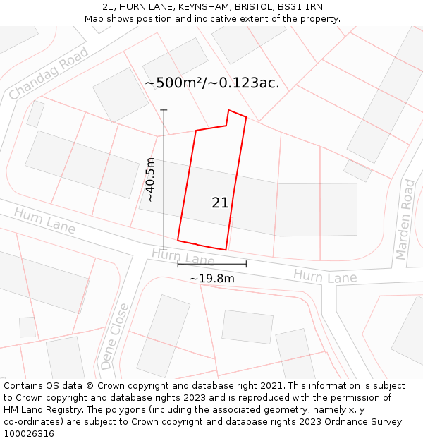 21, HURN LANE, KEYNSHAM, BRISTOL, BS31 1RN: Plot and title map