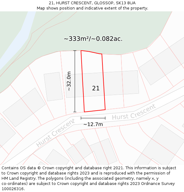 21, HURST CRESCENT, GLOSSOP, SK13 8UA: Plot and title map