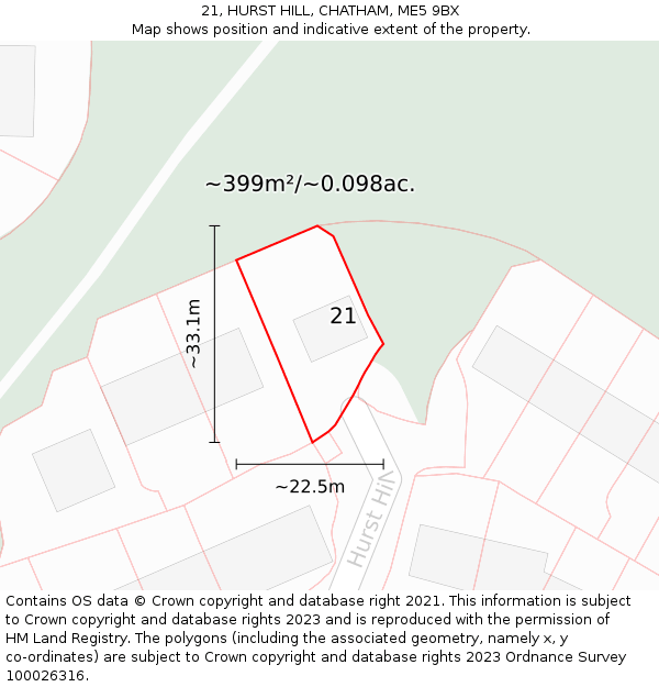 21, HURST HILL, CHATHAM, ME5 9BX: Plot and title map