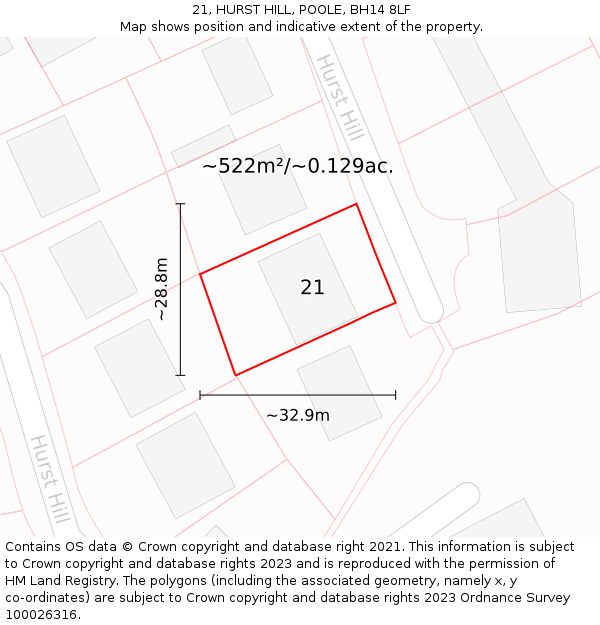 21, HURST HILL, POOLE, BH14 8LF: Plot and title map