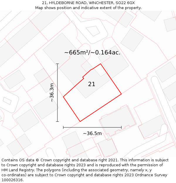 21, HYLDEBORNE ROAD, WINCHESTER, SO22 6GX: Plot and title map