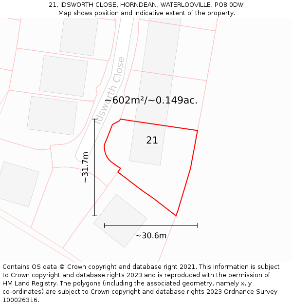 21, IDSWORTH CLOSE, HORNDEAN, WATERLOOVILLE, PO8 0DW: Plot and title map