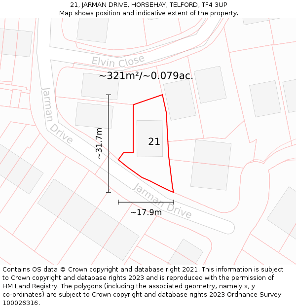 21, JARMAN DRIVE, HORSEHAY, TELFORD, TF4 3UP: Plot and title map