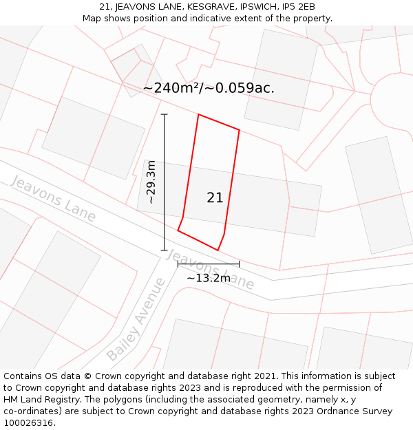 21, JEAVONS LANE, KESGRAVE, IPSWICH, IP5 2EB: Plot and title map