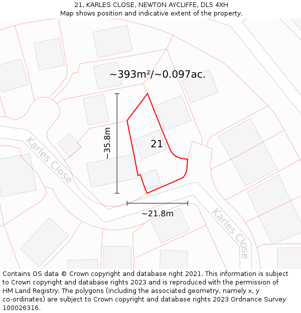 21, KARLES CLOSE, NEWTON AYCLIFFE, DL5 4XH: Plot and title map