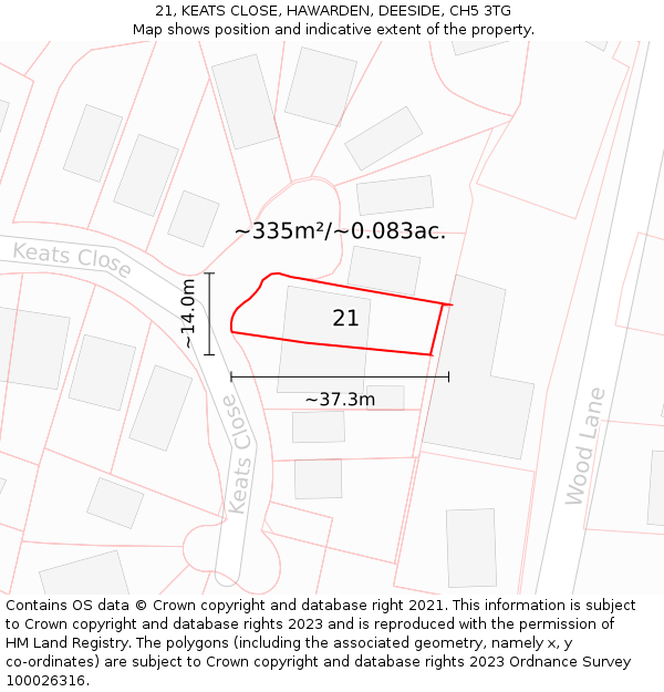 21, KEATS CLOSE, HAWARDEN, DEESIDE, CH5 3TG: Plot and title map