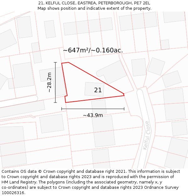 21, KELFUL CLOSE, EASTREA, PETERBOROUGH, PE7 2EL: Plot and title map