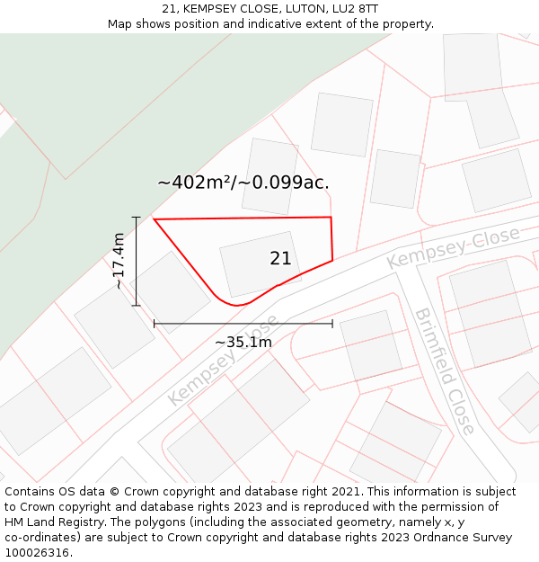 21, KEMPSEY CLOSE, LUTON, LU2 8TT: Plot and title map