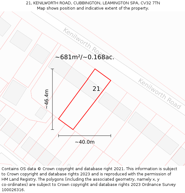 21, KENILWORTH ROAD, CUBBINGTON, LEAMINGTON SPA, CV32 7TN: Plot and title map