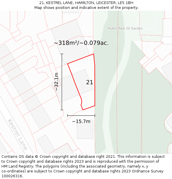 21, KESTREL LANE, HAMILTON, LEICESTER, LE5 1BH: Plot and title map