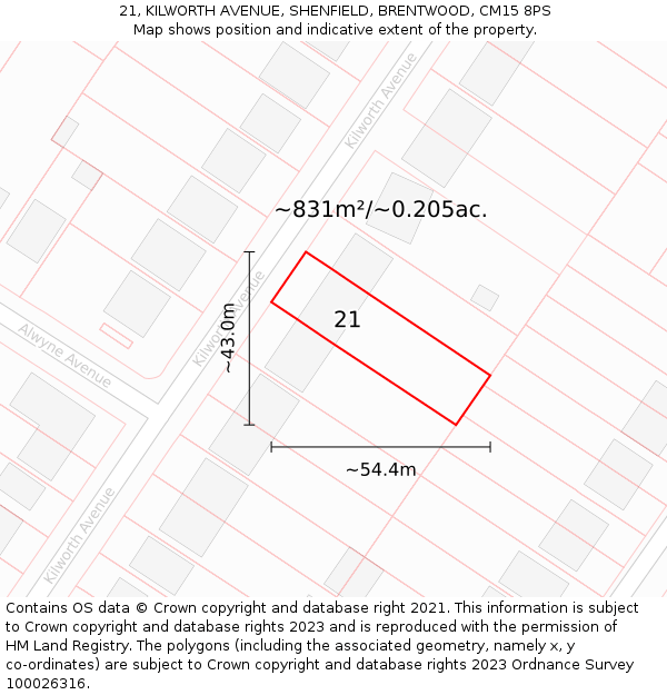 21, KILWORTH AVENUE, SHENFIELD, BRENTWOOD, CM15 8PS: Plot and title map