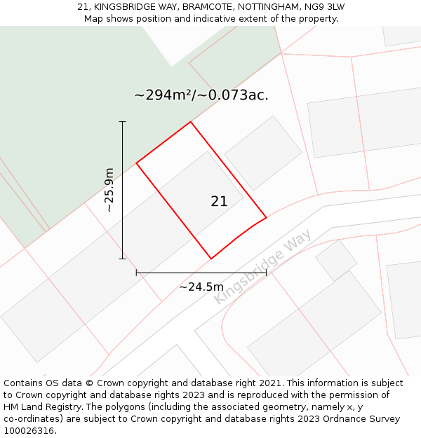 21, KINGSBRIDGE WAY, BRAMCOTE, NOTTINGHAM, NG9 3LW: Plot and title map