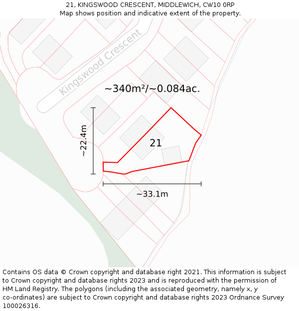 21, KINGSWOOD CRESCENT, MIDDLEWICH, CW10 0RP: Plot and title map