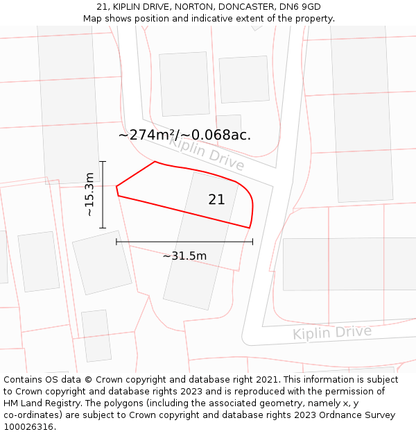 21, KIPLIN DRIVE, NORTON, DONCASTER, DN6 9GD: Plot and title map