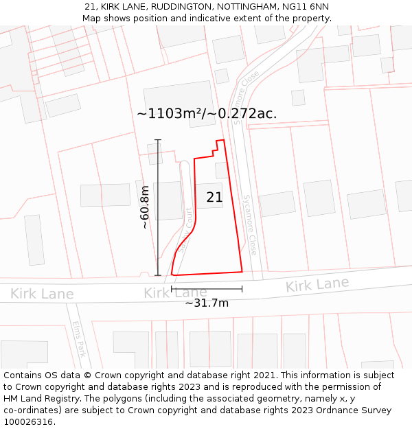 21, KIRK LANE, RUDDINGTON, NOTTINGHAM, NG11 6NN: Plot and title map