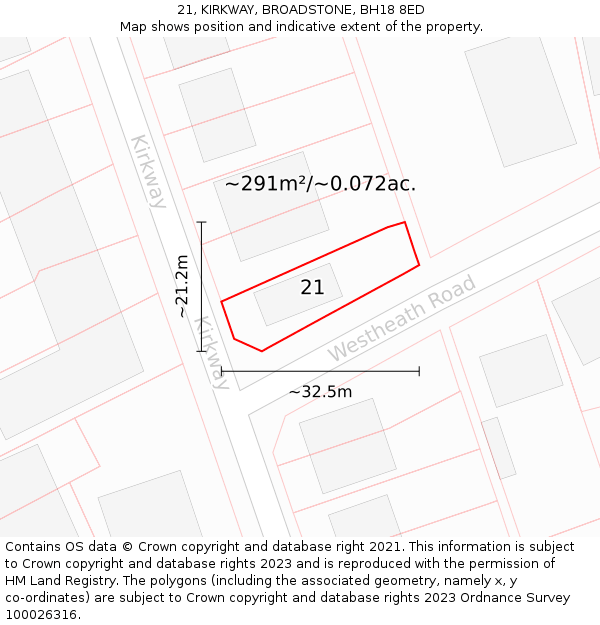 21, KIRKWAY, BROADSTONE, BH18 8ED: Plot and title map