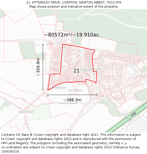 21, KITTERSLEY DRIVE, LIVERTON, NEWTON ABBOT, TQ12 6YX: Plot and title map