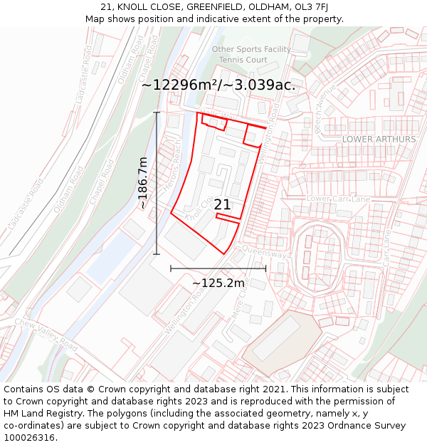 21, KNOLL CLOSE, GREENFIELD, OLDHAM, OL3 7FJ: Plot and title map