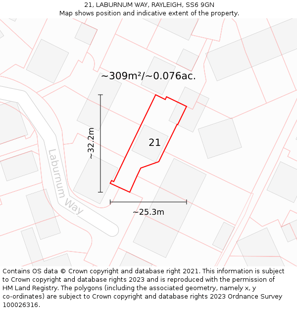 21, LABURNUM WAY, RAYLEIGH, SS6 9GN: Plot and title map