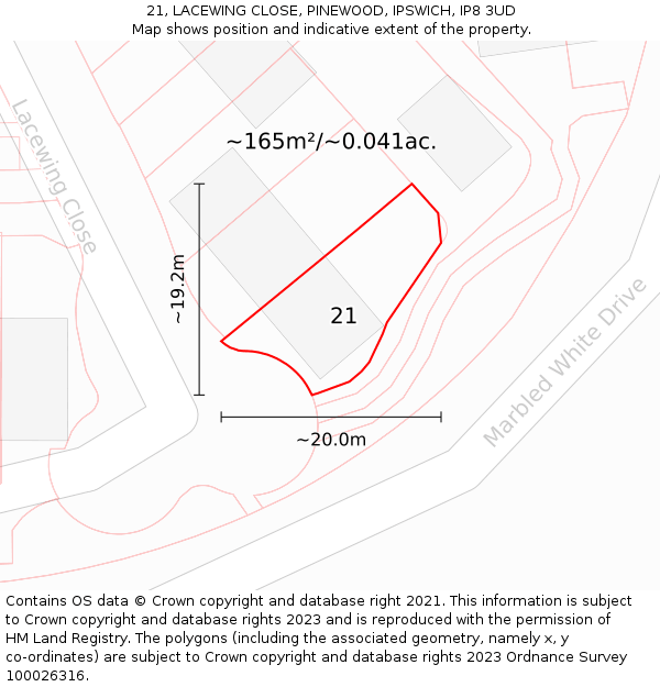 21, LACEWING CLOSE, PINEWOOD, IPSWICH, IP8 3UD: Plot and title map