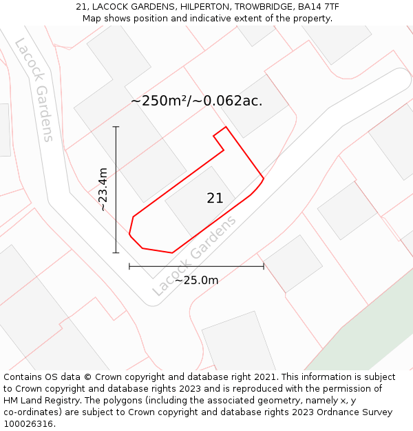 21, LACOCK GARDENS, HILPERTON, TROWBRIDGE, BA14 7TF: Plot and title map