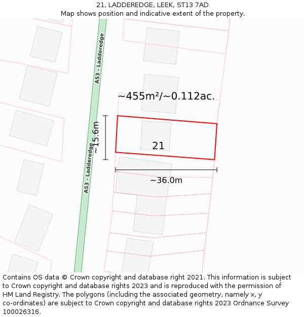 21, LADDEREDGE, LEEK, ST13 7AD: Plot and title map