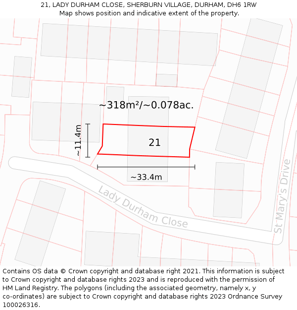 21, LADY DURHAM CLOSE, SHERBURN VILLAGE, DURHAM, DH6 1RW: Plot and title map