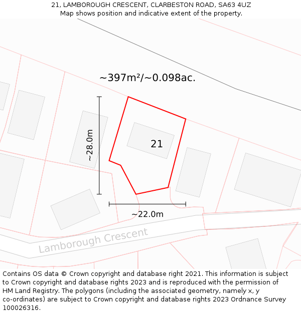 21, LAMBOROUGH CRESCENT, CLARBESTON ROAD, SA63 4UZ: Plot and title map