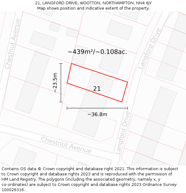 21, LANGFORD DRIVE, WOOTTON, NORTHAMPTON, NN4 6JY: Plot and title map