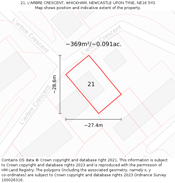 21, L'ARBRE CRESCENT, WHICKHAM, NEWCASTLE UPON TYNE, NE16 5YG: Plot and title map