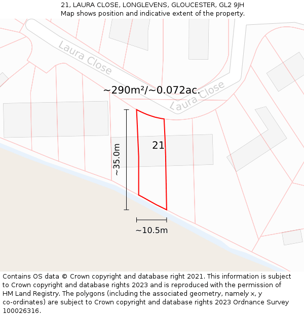 21, LAURA CLOSE, LONGLEVENS, GLOUCESTER, GL2 9JH: Plot and title map