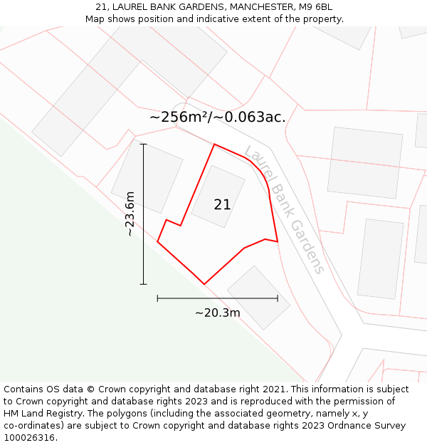 21, LAUREL BANK GARDENS, MANCHESTER, M9 6BL: Plot and title map