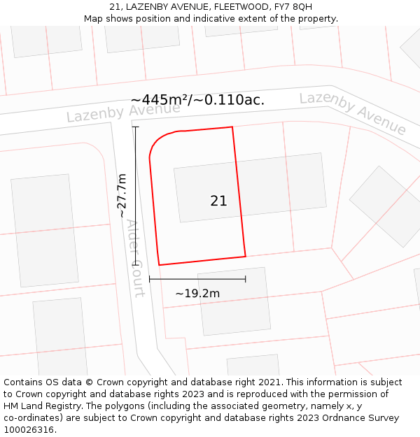 21, LAZENBY AVENUE, FLEETWOOD, FY7 8QH: Plot and title map