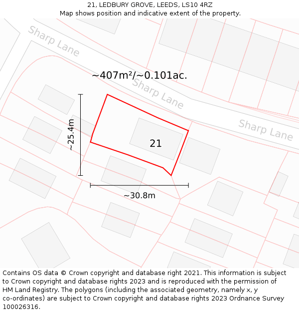 21, LEDBURY GROVE, LEEDS, LS10 4RZ: Plot and title map