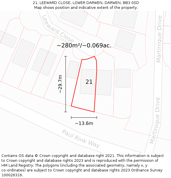 21, LEEWARD CLOSE, LOWER DARWEN, DARWEN, BB3 0SD: Plot and title map