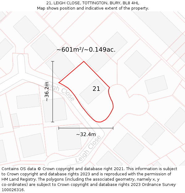 21, LEIGH CLOSE, TOTTINGTON, BURY, BL8 4HL: Plot and title map