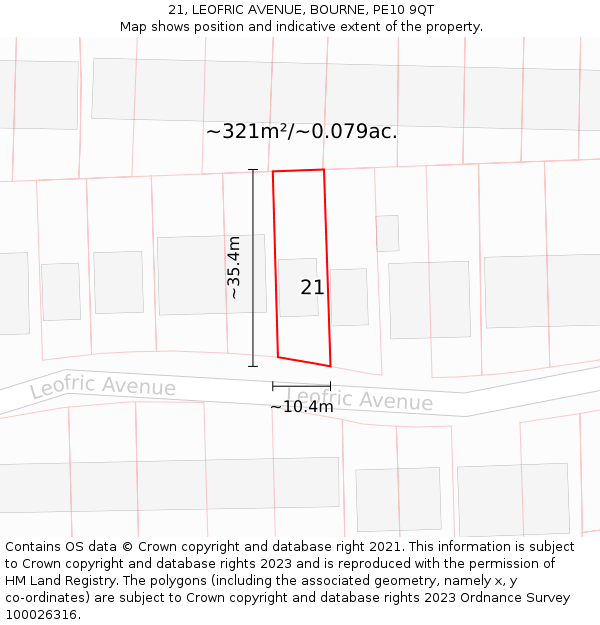 21, LEOFRIC AVENUE, BOURNE, PE10 9QT: Plot and title map