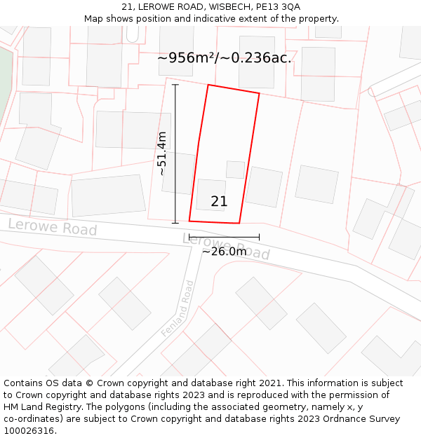 21, LEROWE ROAD, WISBECH, PE13 3QA: Plot and title map